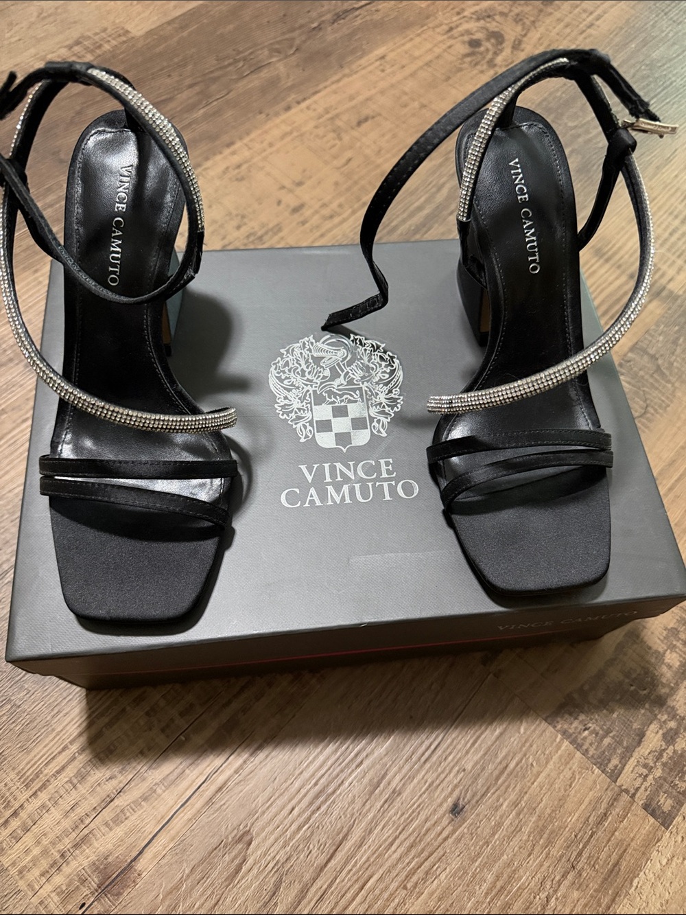 Vince Camuto Black Strappy Rhinestone Ankle-Tie Heels